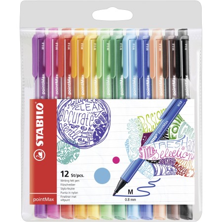 STABILO pointMax stylo fin Moyen Noir, Bleu, Marron, Vert, Bleu clair, Vert clair, Orange, Rose, Violet, Rouge, Jaune 12